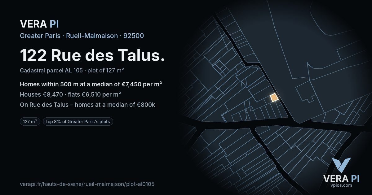 122 Rue des Talus, Rueil-Malmaison at night – the plot lit, the parcels around coloured by the prices near them