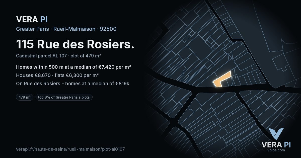115 Rue des Rosiers, Rueil-Malmaison at night – the plot lit, the parcels around coloured by the prices near them