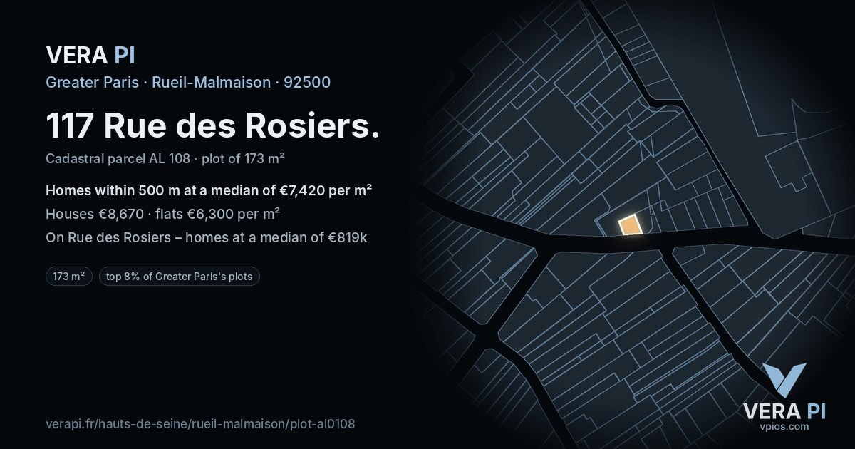 117 Rue des Rosiers, Rueil-Malmaison at night – the plot lit, the parcels around coloured by the prices near them
