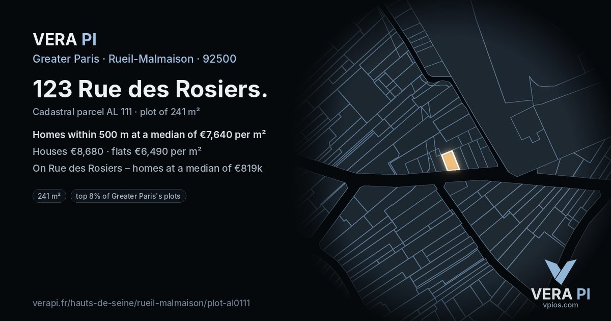 123 Rue des Rosiers, Rueil-Malmaison at night – the plot lit, the parcels around coloured by the prices near them
