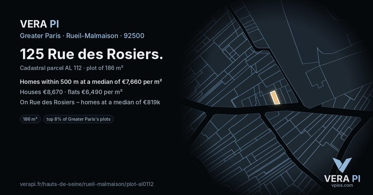 125 Rue des Rosiers, Rueil-Malmaison at night – the plot lit, the parcels around coloured by the prices near them