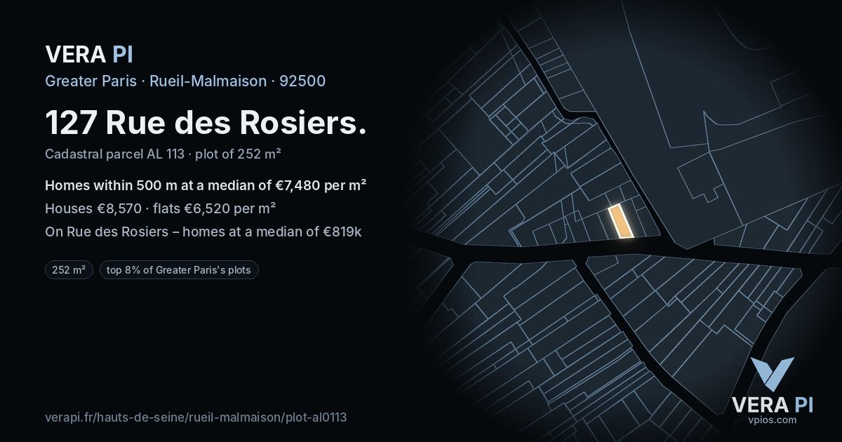 127 Rue des Rosiers, Rueil-Malmaison at night – the plot lit, the parcels around coloured by the prices near them