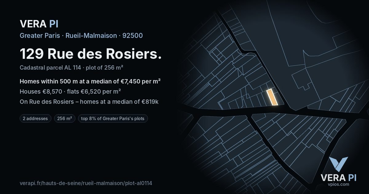 129 Rue des Rosiers, Rueil-Malmaison at night – the plot lit, the parcels around coloured by the prices near them
