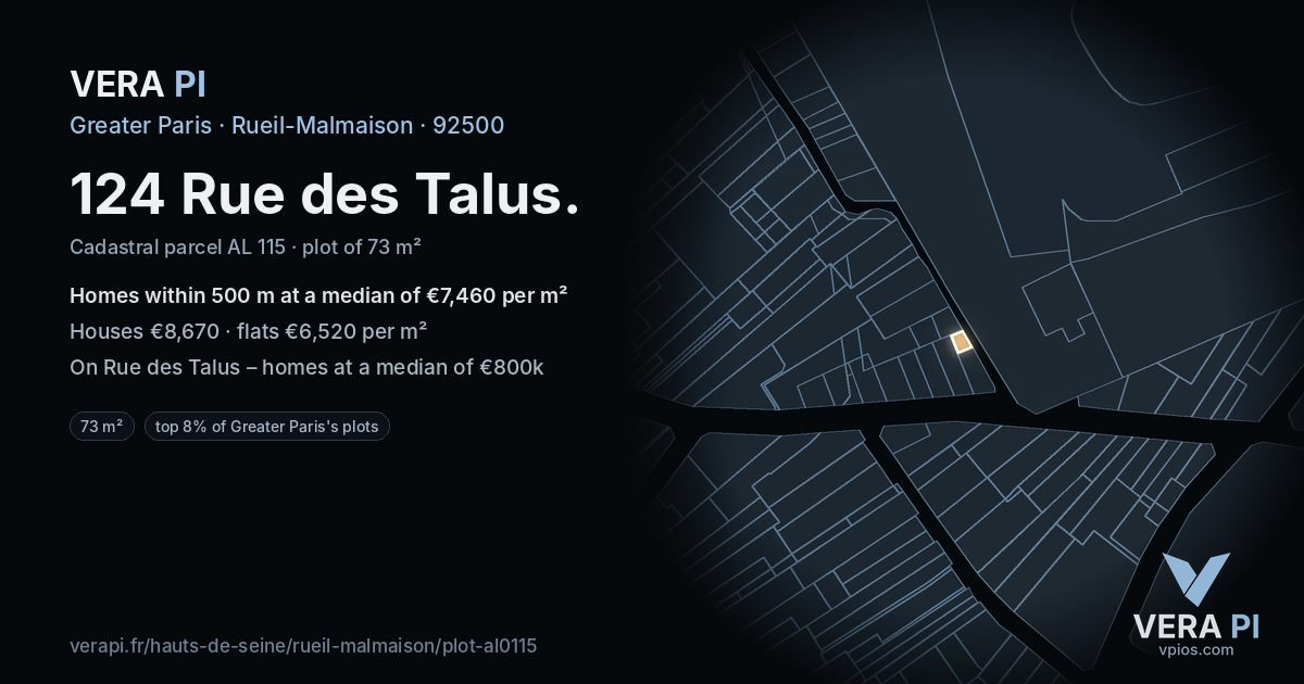 124 Rue des Talus, Rueil-Malmaison at night – the plot lit, the parcels around coloured by the prices near them