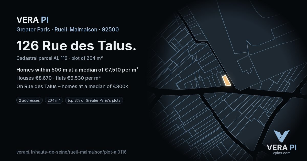 126 Rue des Talus, Rueil-Malmaison at night – the plot lit, the parcels around coloured by the prices near them