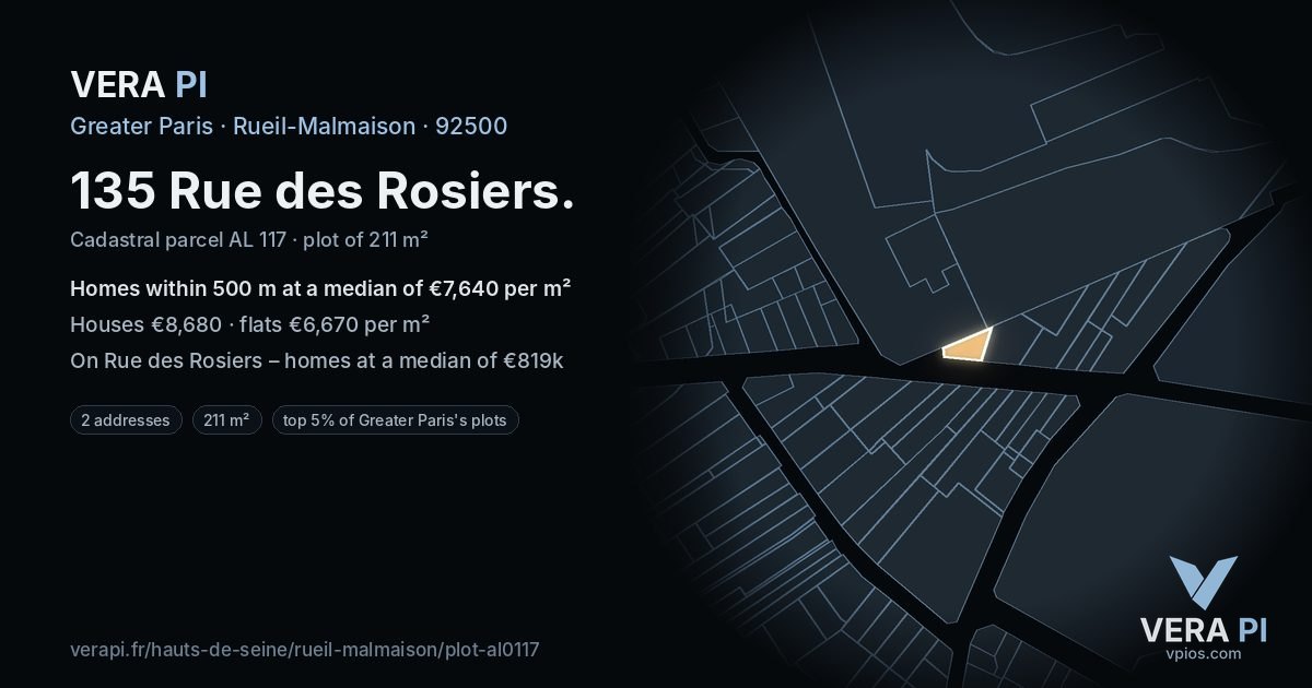 135 Rue des Rosiers, Rueil-Malmaison at night – the plot lit, the parcels around coloured by the prices near them