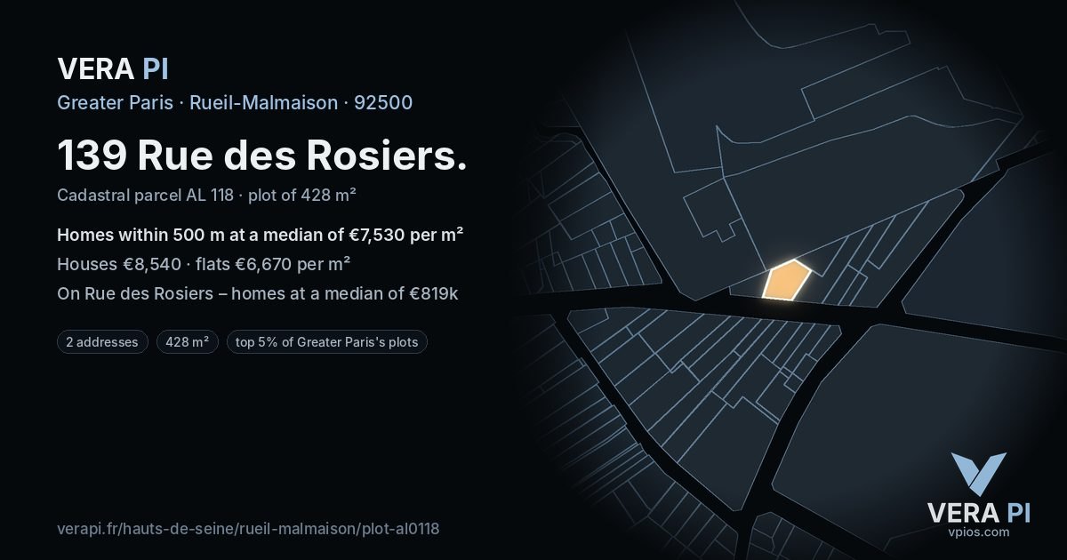 139 Rue des Rosiers, Rueil-Malmaison at night – the plot lit, the parcels around coloured by the prices near them