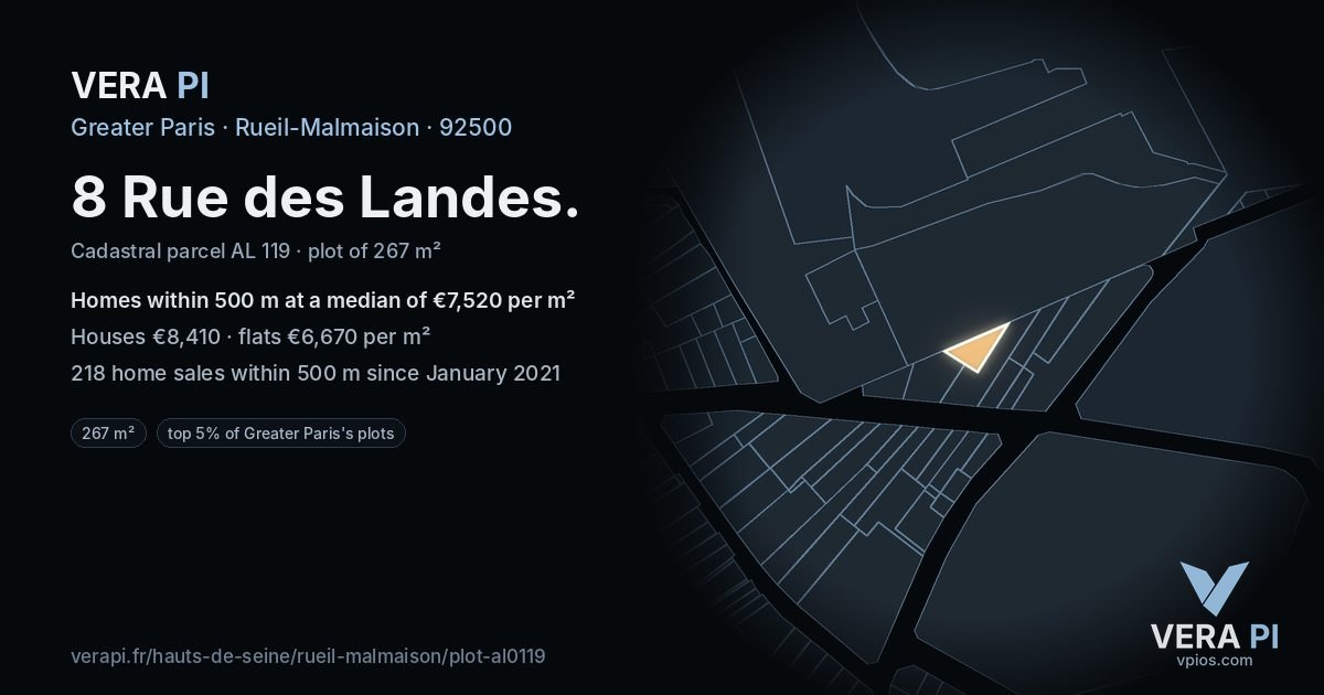 8 Rue des Landes, Rueil-Malmaison at night – the plot lit, the parcels around coloured by the prices near them