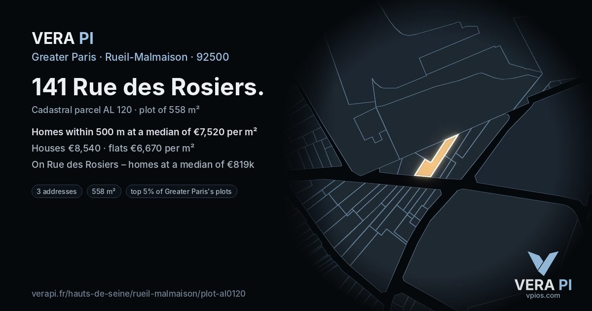141 Rue des Rosiers, Rueil-Malmaison at night – the plot lit, the parcels around coloured by the prices near them