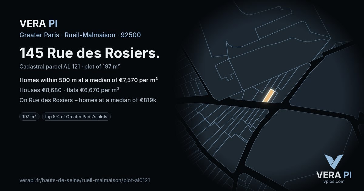 145 Rue des Rosiers, Rueil-Malmaison at night – the plot lit, the parcels around coloured by the prices near them