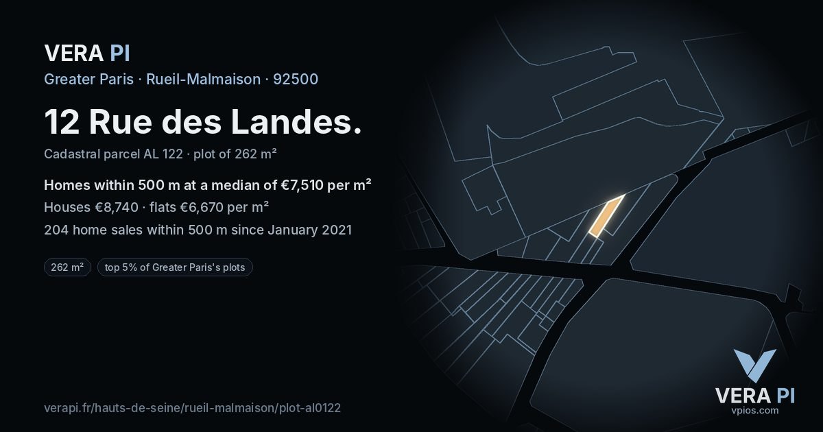12 Rue des Landes, Rueil-Malmaison at night – the plot lit, the parcels around coloured by the prices near them