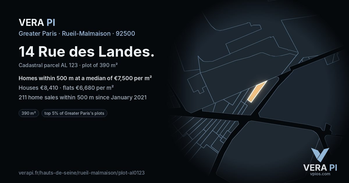 14 Rue des Landes, Rueil-Malmaison at night – the plot lit, the parcels around coloured by the prices near them