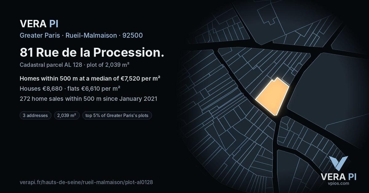 81 Rue de la Procession, Rueil-Malmaison at night – the plot lit, the parcels around coloured by the prices near them