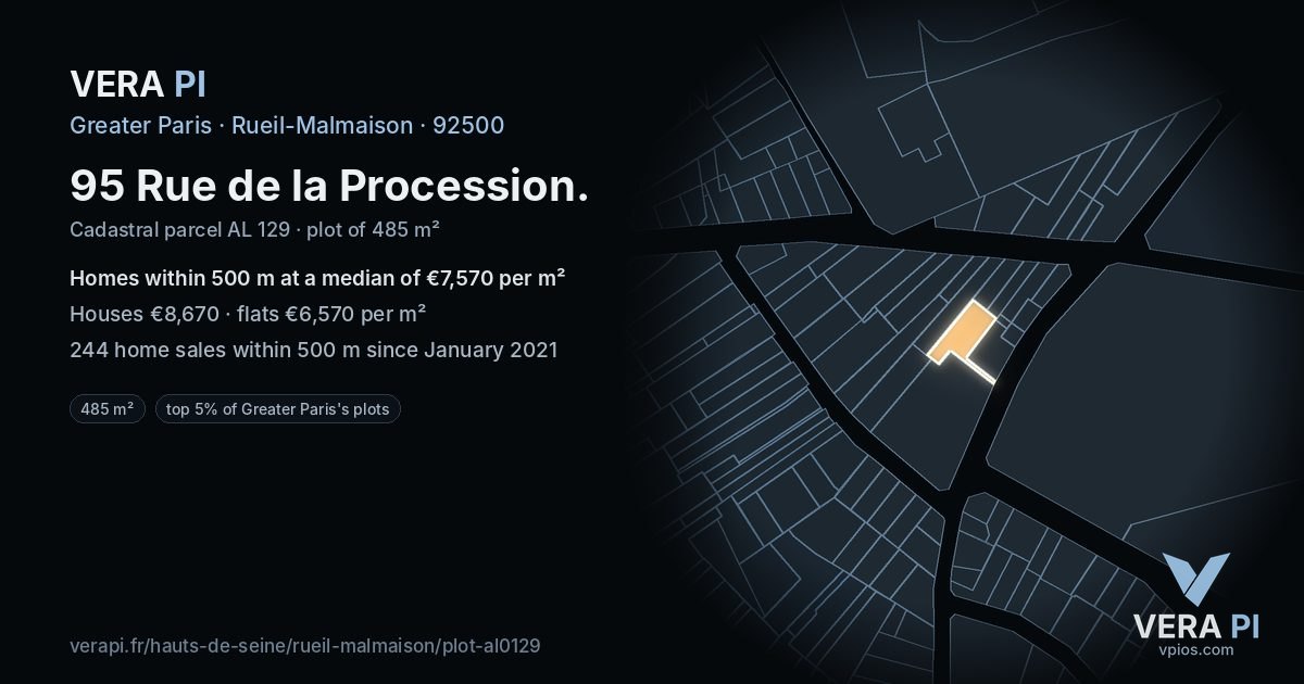 95 Rue de la Procession, Rueil-Malmaison at night – the plot lit, the parcels around coloured by the prices near them