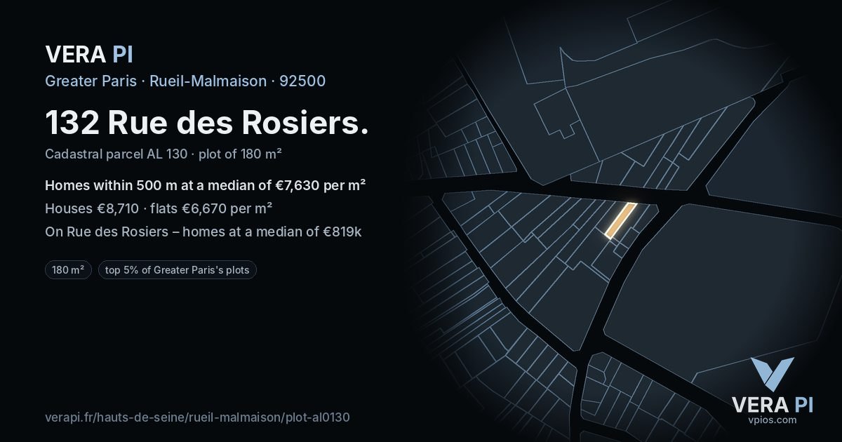 132 Rue des Rosiers, Rueil-Malmaison at night – the plot lit, the parcels around coloured by the prices near them