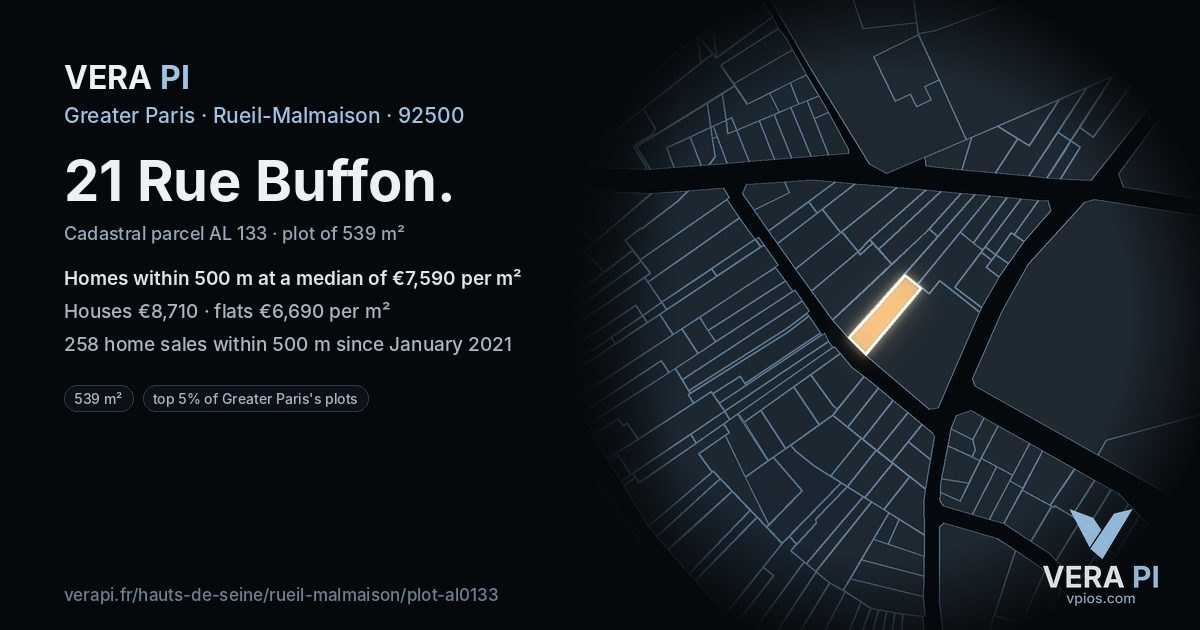 21 Rue Buffon, Rueil-Malmaison at night – the plot lit, the parcels around coloured by the prices near them