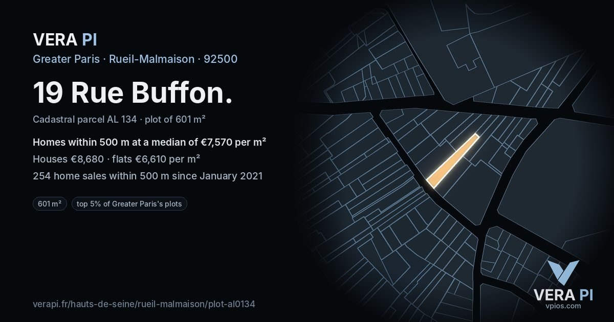 19 Rue Buffon, Rueil-Malmaison at night – the plot lit, the parcels around coloured by the prices near them