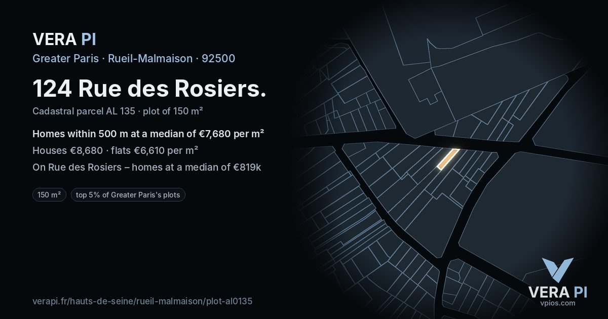 124 Rue des Rosiers, Rueil-Malmaison at night – the plot lit, the parcels around coloured by the prices near them
