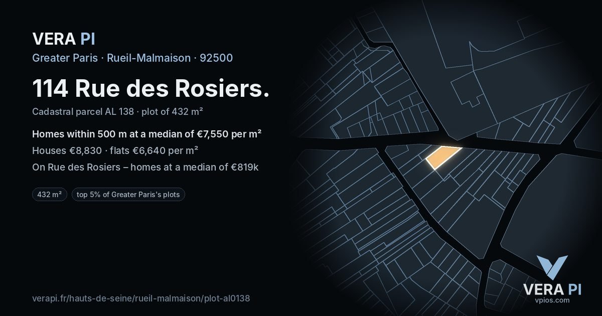 114 Rue des Rosiers, Rueil-Malmaison at night – the plot lit, the parcels around coloured by the prices near them