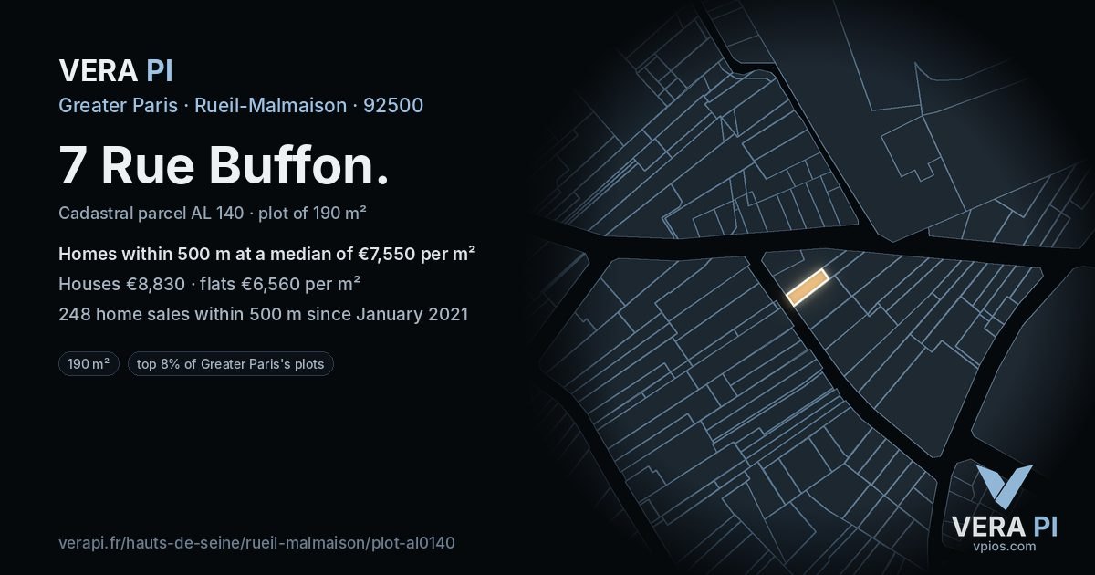 7 Rue Buffon, Rueil-Malmaison at night – the plot lit, the parcels around coloured by the prices near them