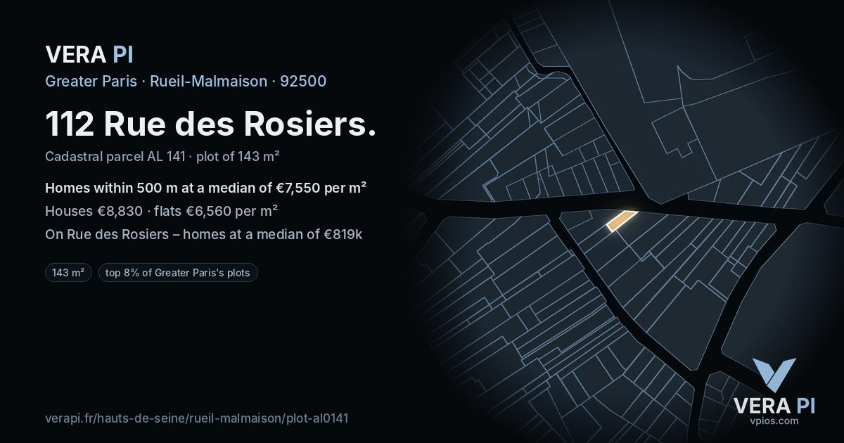112 Rue des Rosiers, Rueil-Malmaison at night – the plot lit, the parcels around coloured by the prices near them