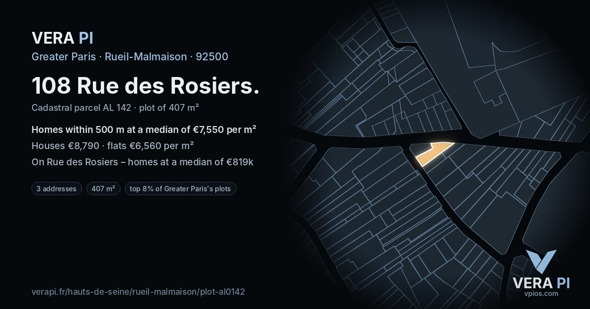 108 Rue des Rosiers, Rueil-Malmaison at night – the plot lit, the parcels around coloured by the prices near them