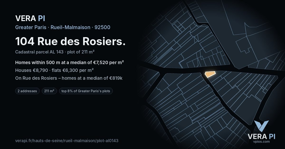 104 Rue des Rosiers, Rueil-Malmaison at night – the plot lit, the parcels around coloured by the prices near them