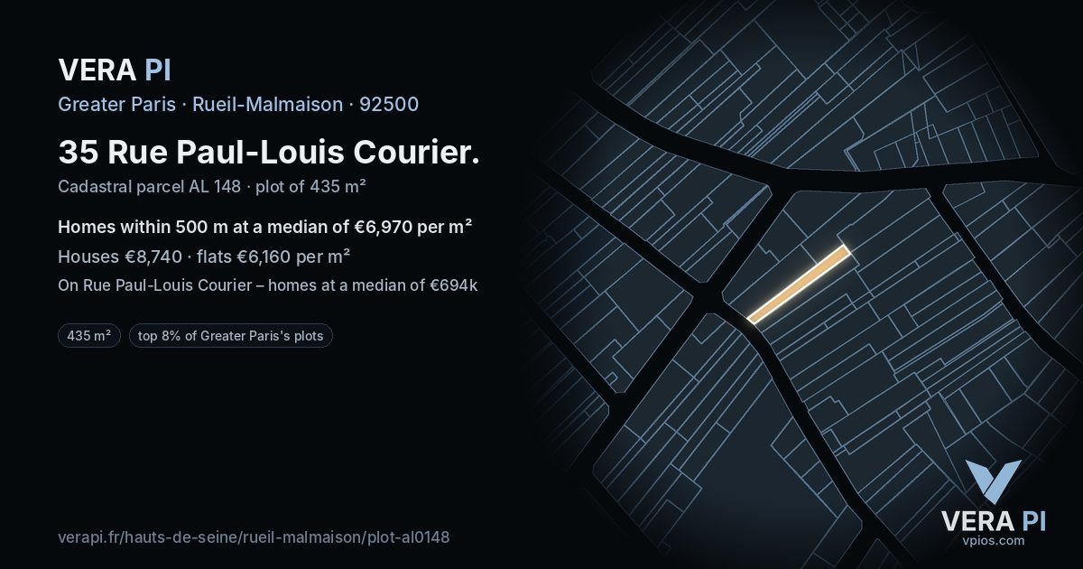 35 Rue Paul-Louis Courier, Rueil-Malmaison at night – the plot lit, the parcels around coloured by the prices near them