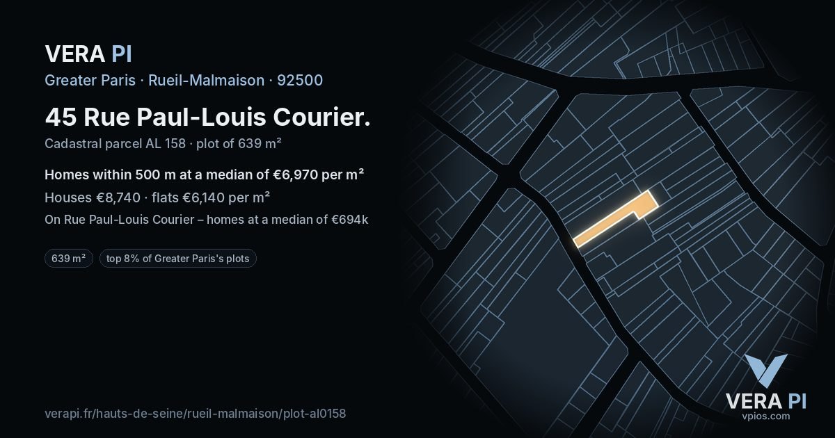 45 Rue Paul-Louis Courier, Rueil-Malmaison at night – the plot lit, the parcels around coloured by the prices near them