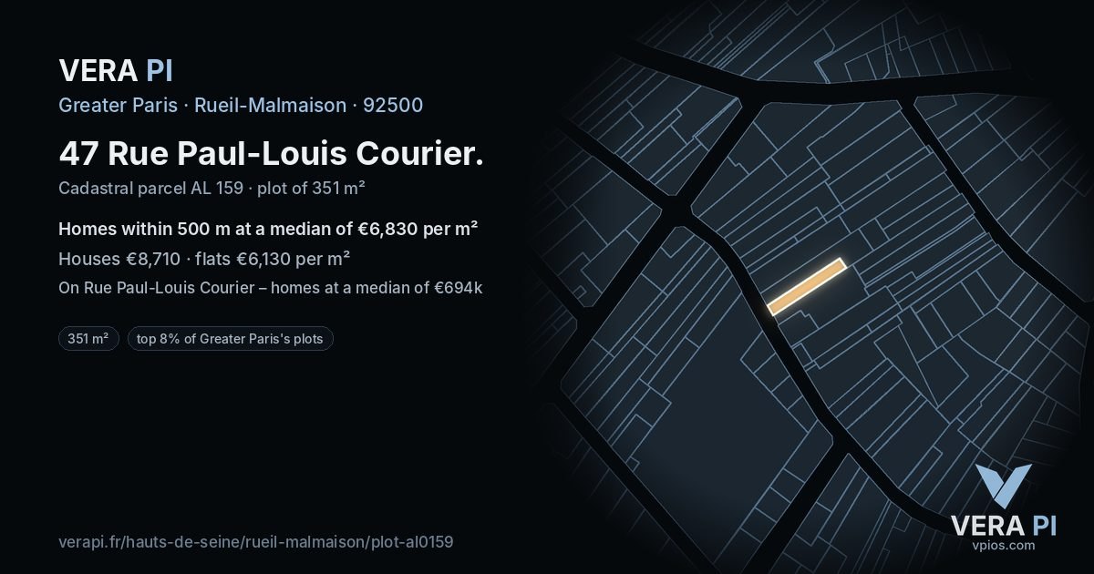 47 Rue Paul-Louis Courier, Rueil-Malmaison at night – the plot lit, the parcels around coloured by the prices near them