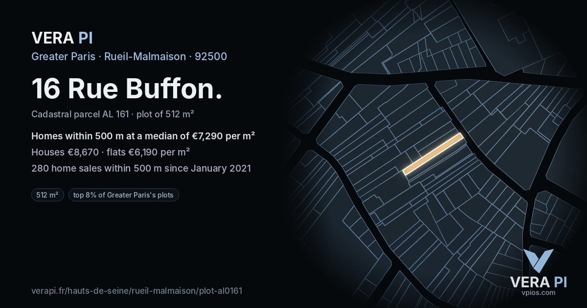 16 Rue Buffon, Rueil-Malmaison at night – the plot lit, the parcels around coloured by the prices near them