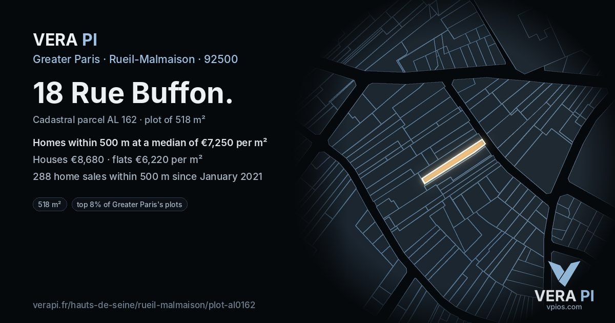 18 Rue Buffon, Rueil-Malmaison at night – the plot lit, the parcels around coloured by the prices near them