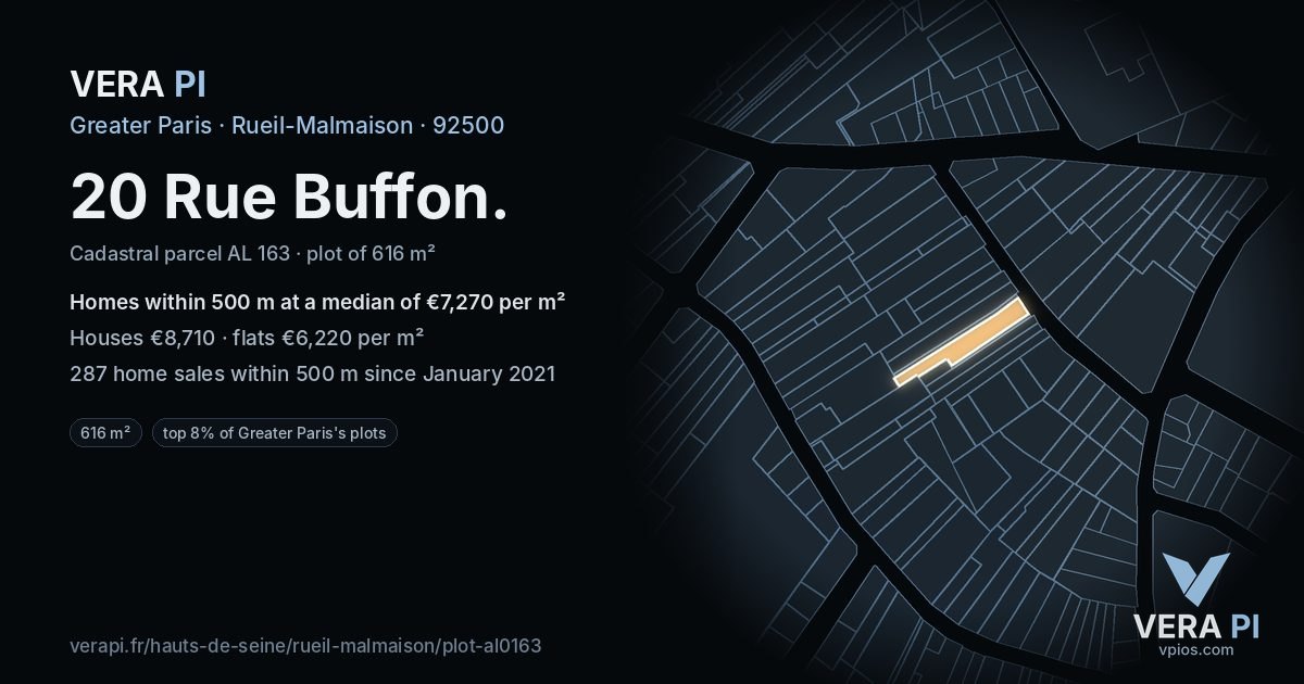20 Rue Buffon, Rueil-Malmaison at night – the plot lit, the parcels around coloured by the prices near them
