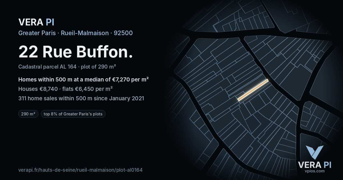 22 Rue Buffon, Rueil-Malmaison at night – the plot lit, the parcels around coloured by the prices near them