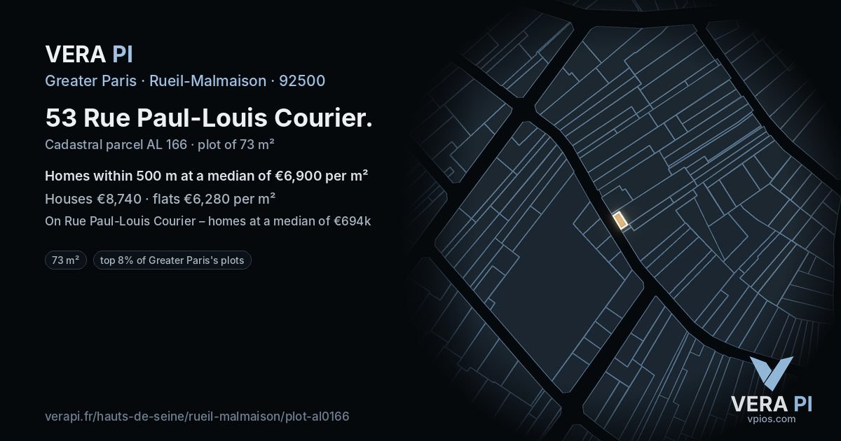 53 Rue Paul-Louis Courier, Rueil-Malmaison at night – the plot lit, the parcels around coloured by the prices near them