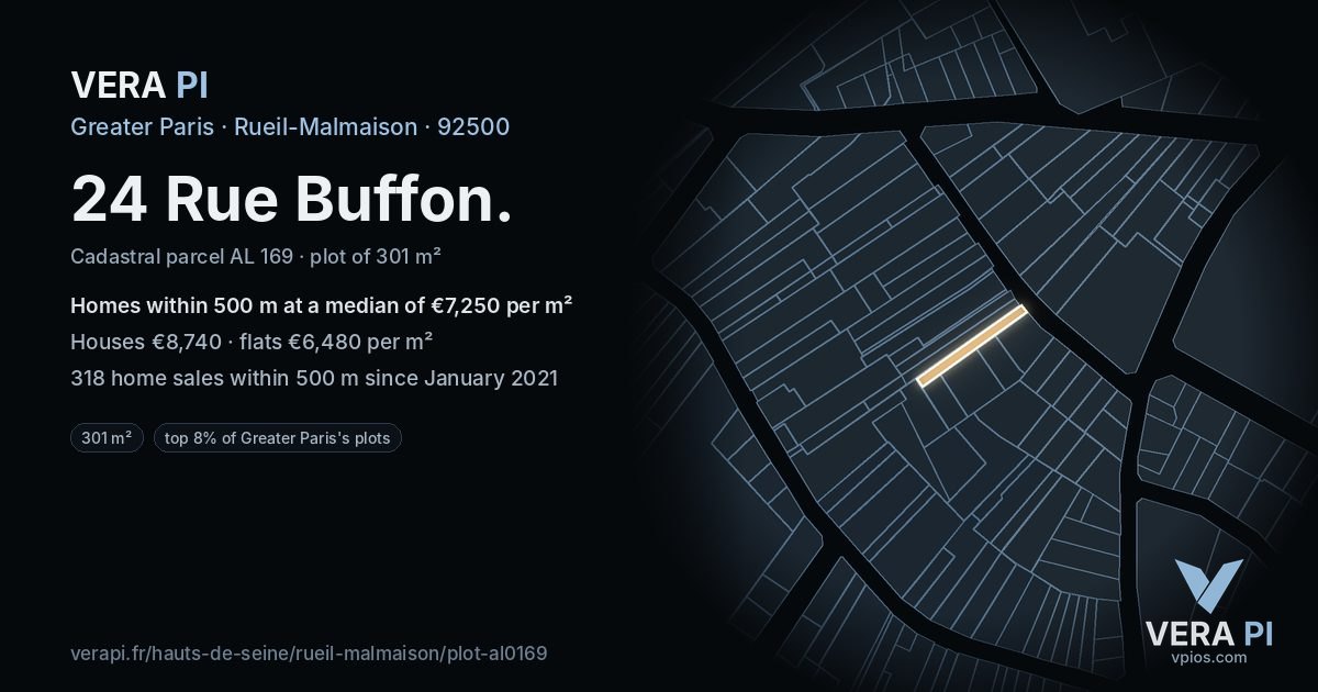 24 Rue Buffon, Rueil-Malmaison at night – the plot lit, the parcels around coloured by the prices near them