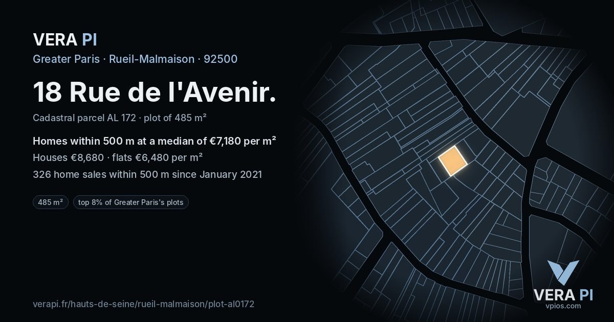 18 Rue de l'Avenir, Rueil-Malmaison at night – the plot lit, the parcels around coloured by the prices near them