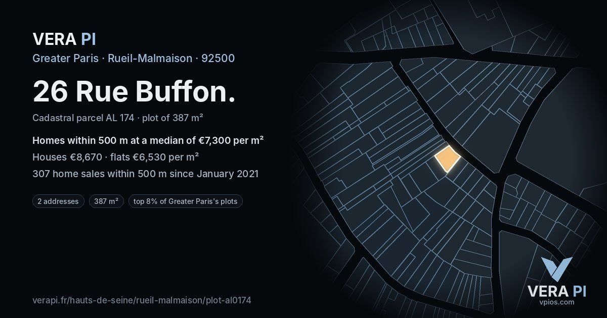 26 Rue Buffon, Rueil-Malmaison at night – the plot lit, the parcels around coloured by the prices near them
