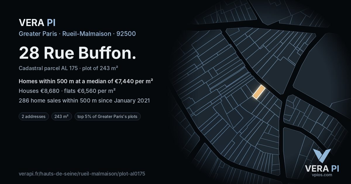 28 Rue Buffon, Rueil-Malmaison at night – the plot lit, the parcels around coloured by the prices near them