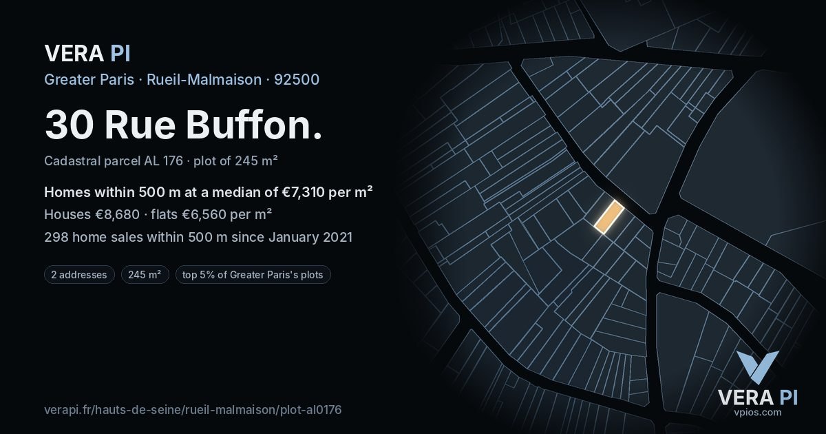 30 Rue Buffon, Rueil-Malmaison at night – the plot lit, the parcels around coloured by the prices near them