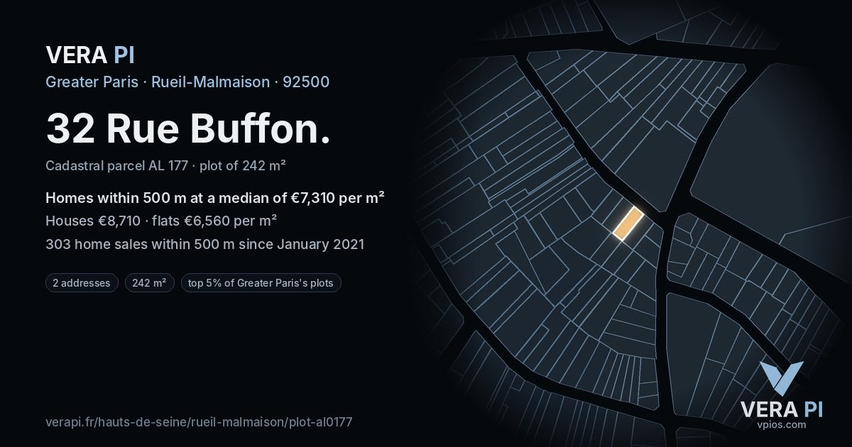 32 Rue Buffon, Rueil-Malmaison at night – the plot lit, the parcels around coloured by the prices near them