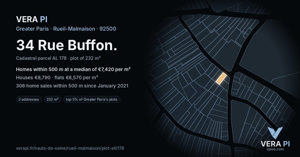 34 Rue Buffon, Rueil-Malmaison at night – the plot lit, the parcels around coloured by the prices near them