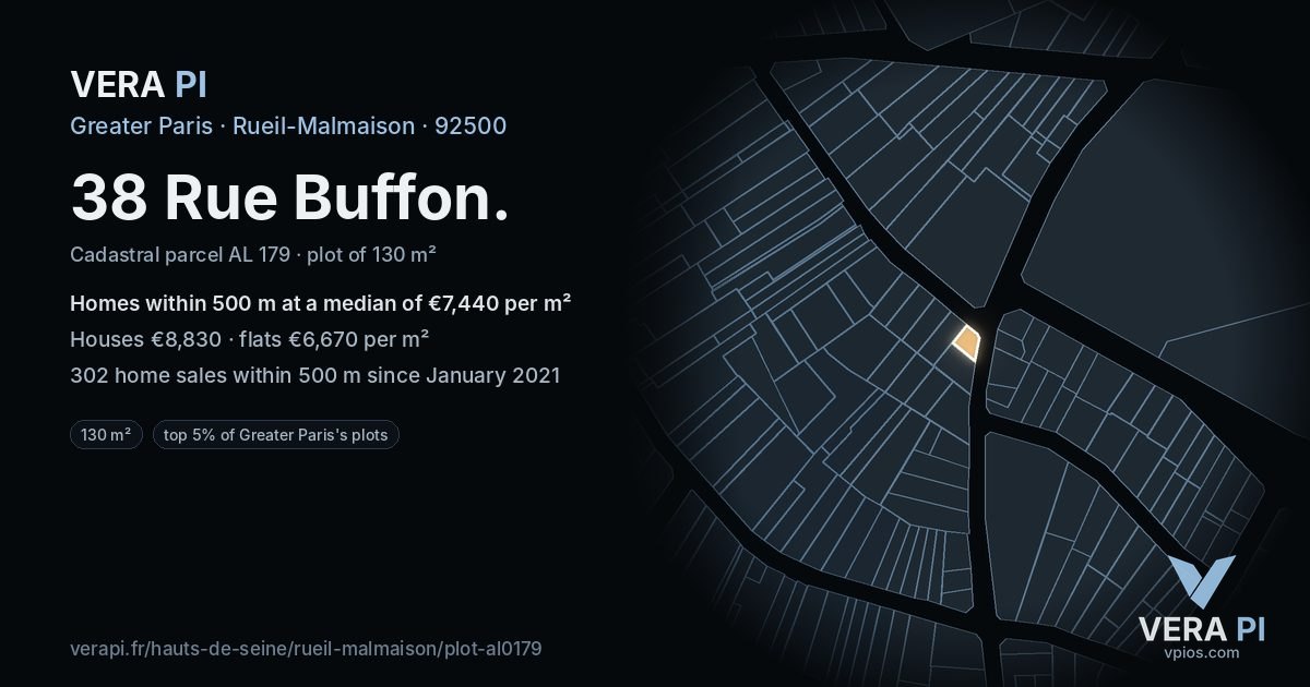38 Rue Buffon, Rueil-Malmaison at night – the plot lit, the parcels around coloured by the prices near them