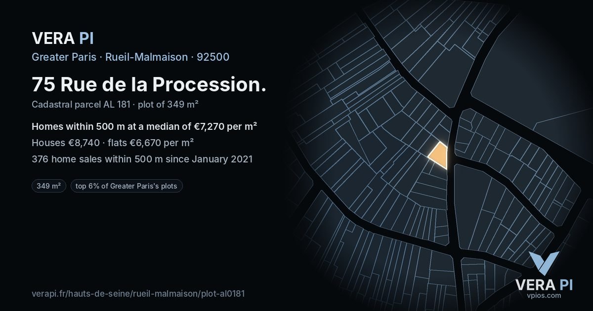 75 Rue de la Procession, Rueil-Malmaison at night – the plot lit, the parcels around coloured by the prices near them