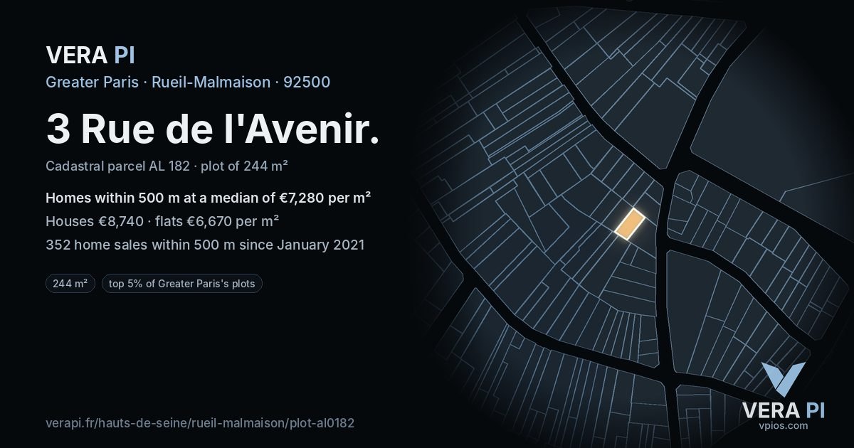 3 Rue de l'Avenir, Rueil-Malmaison at night – the plot lit, the parcels around coloured by the prices near them