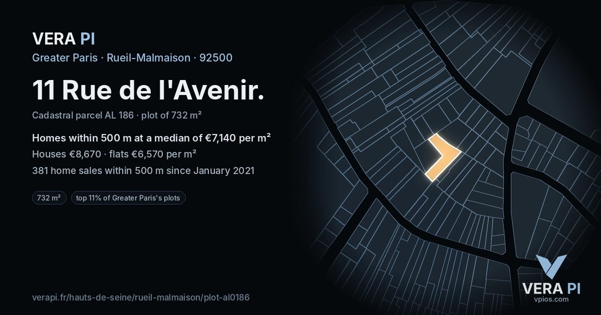 11 Rue de l'Avenir, Rueil-Malmaison at night – the plot lit, the parcels around coloured by the prices near them