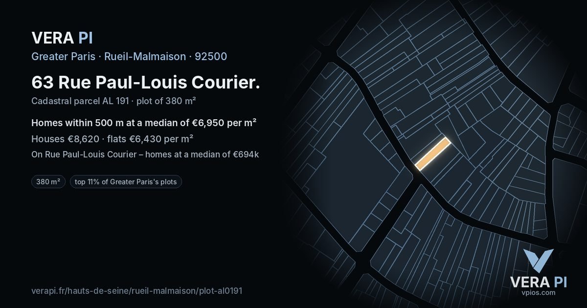 63 Rue Paul-Louis Courier, Rueil-Malmaison at night – the plot lit, the parcels around coloured by the prices near them