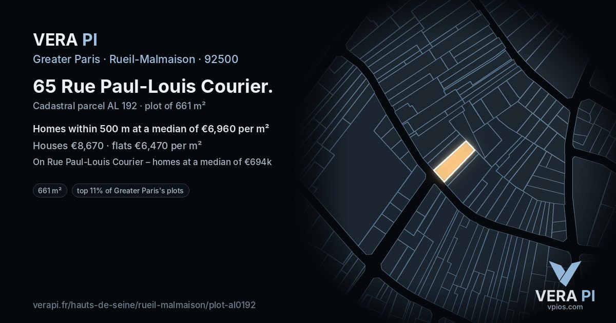 65 Rue Paul-Louis Courier, Rueil-Malmaison at night – the plot lit, the parcels around coloured by the prices near them