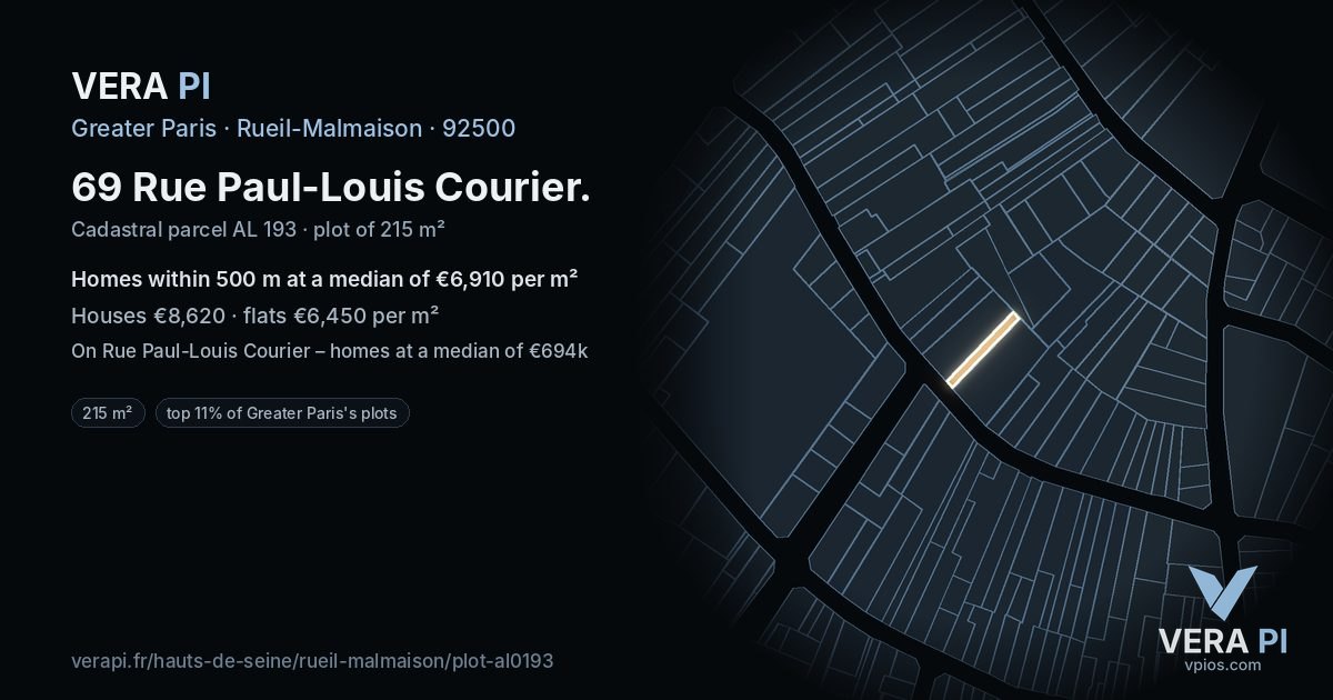 69 Rue Paul-Louis Courier, Rueil-Malmaison at night – the plot lit, the parcels around coloured by the prices near them