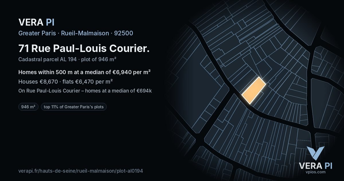 71 Rue Paul-Louis Courier, Rueil-Malmaison at night – the plot lit, the parcels around coloured by the prices near them
